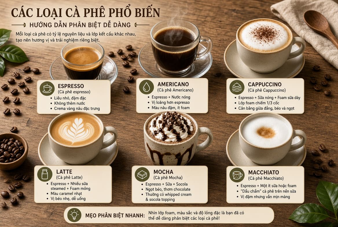 Các loại cà phê phổ biến và cách phân biệt