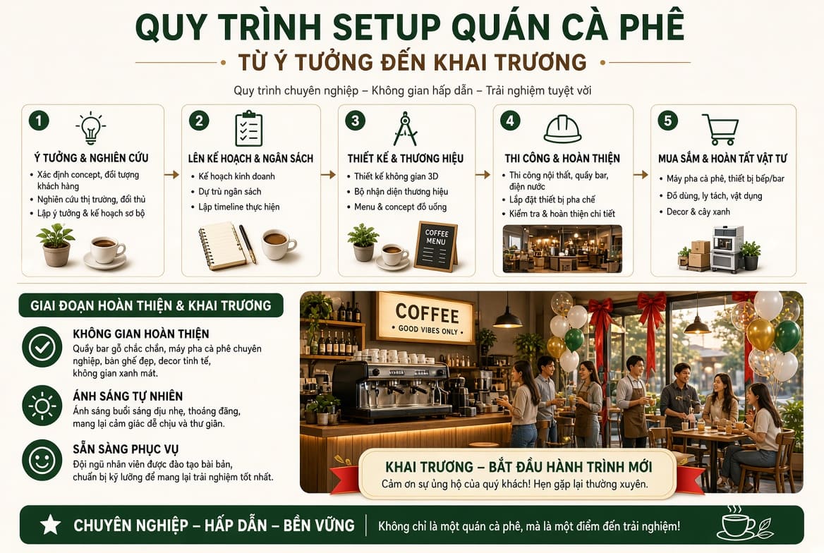 Quy trình setup quán cà phê từ ý tưởng đến khai trương